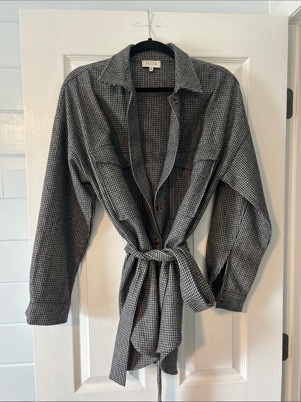 ACO A Checked Houndstooth Tie-Waist Blazer Jacket - Gray/Black